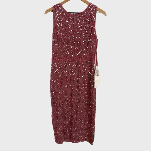 Mac Duggal NEW Rosewood Pink Geometric Sequined Pattern Sleeveless Midi Dress - Picture 2 of 10